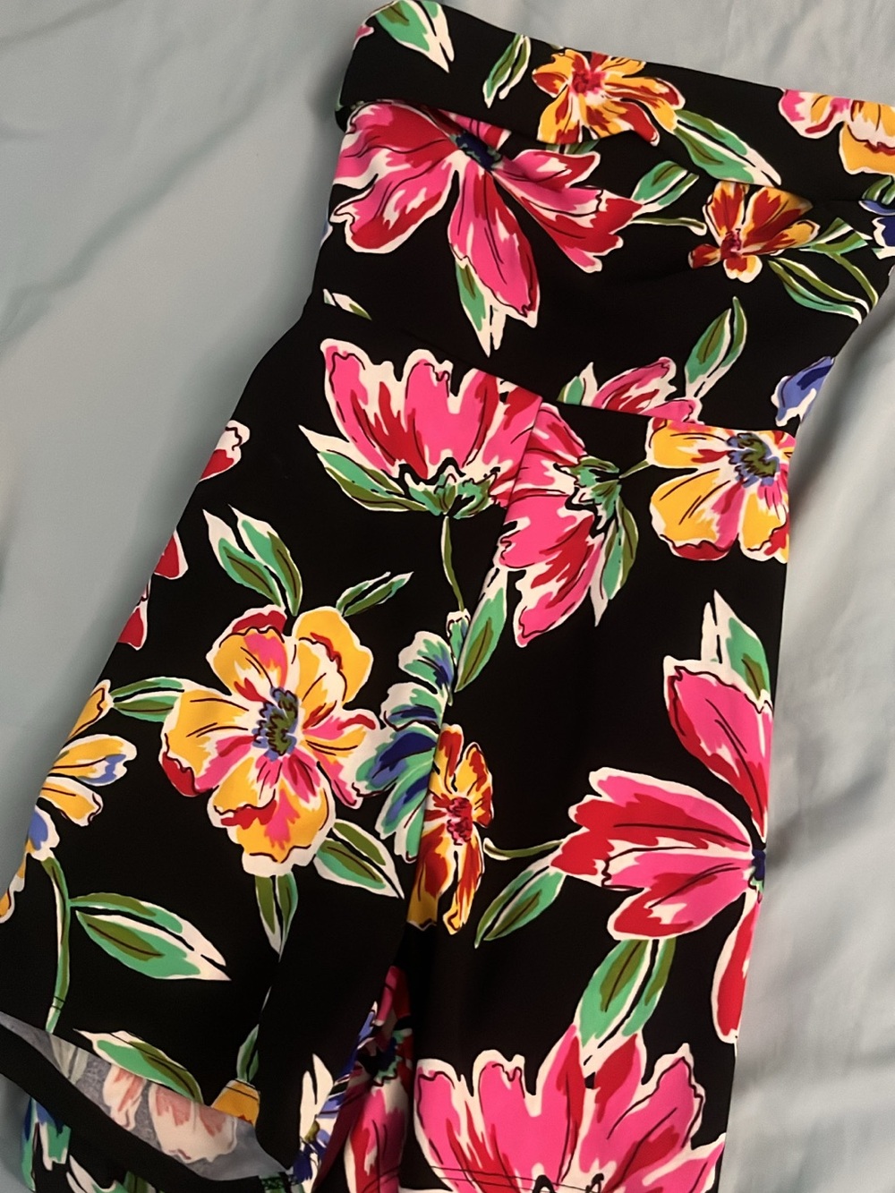 Fashion Nova Black Floral Strapless Romper with Pink & Yellow Blooms